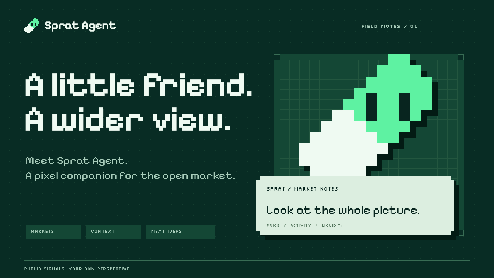 Sprat Agent editorial cover with its pixel capsule and public market workspace